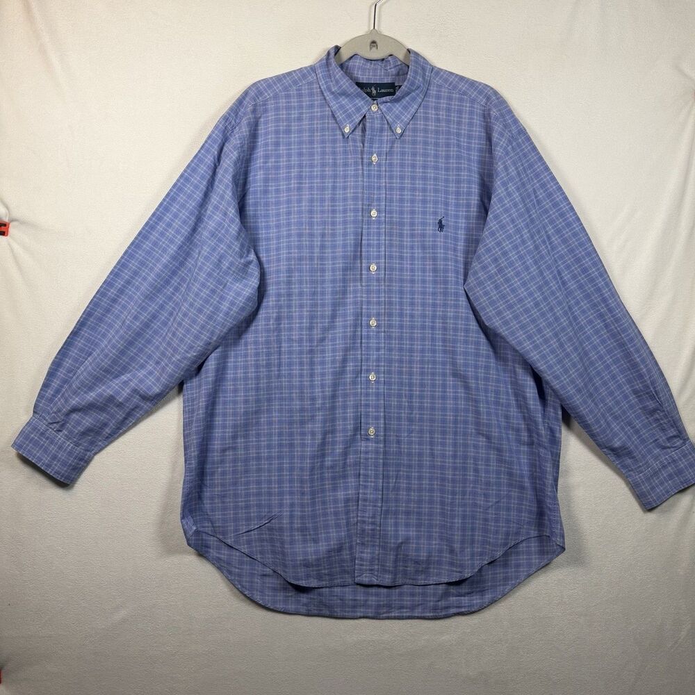 Ralph Lauren Yarmouth Shirt Mens 17 34/35 Blue Plaid Button Down Cotton Classic - Picture 1 of 10